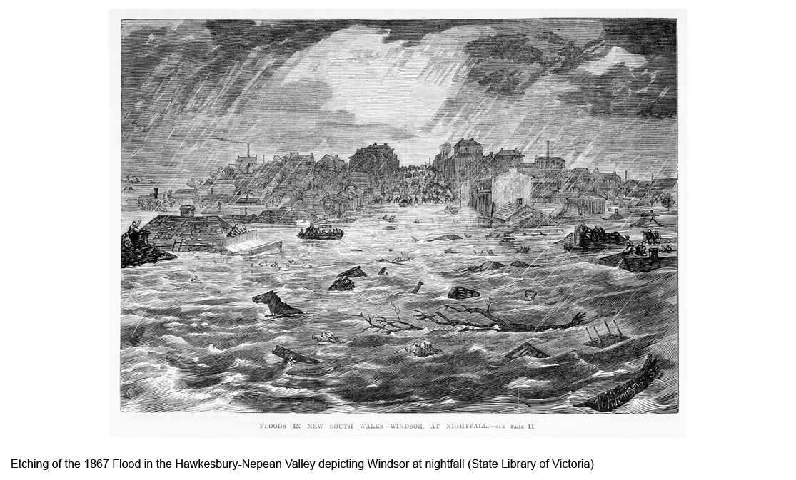 Etching of the 1867 flood in the Hawkesbury-Nepean Valley depicting Windsor at nightfall (State Library of Victoria)