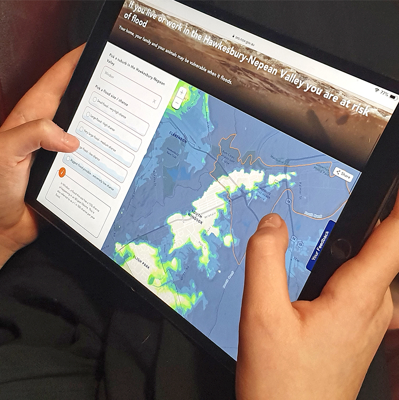 Browsing the Hawkesbury-Nepean Valley flood information page on a tablet