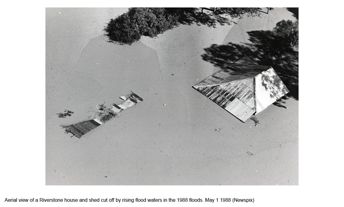 Riverstone house and shed are cut off by rising flood waters May 1, 1988