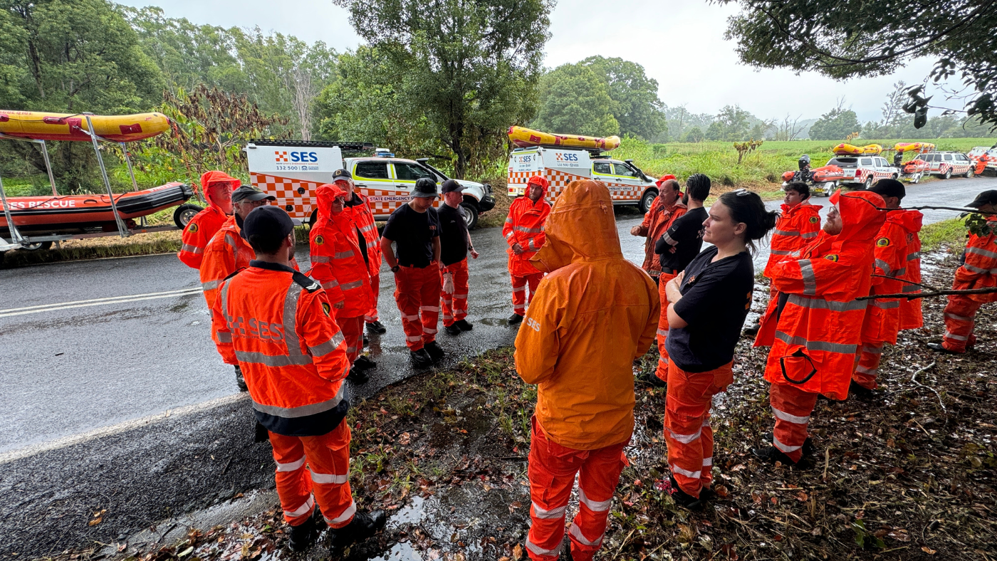 Murwillumbah Flood Rescue team standing in a group for a briefing